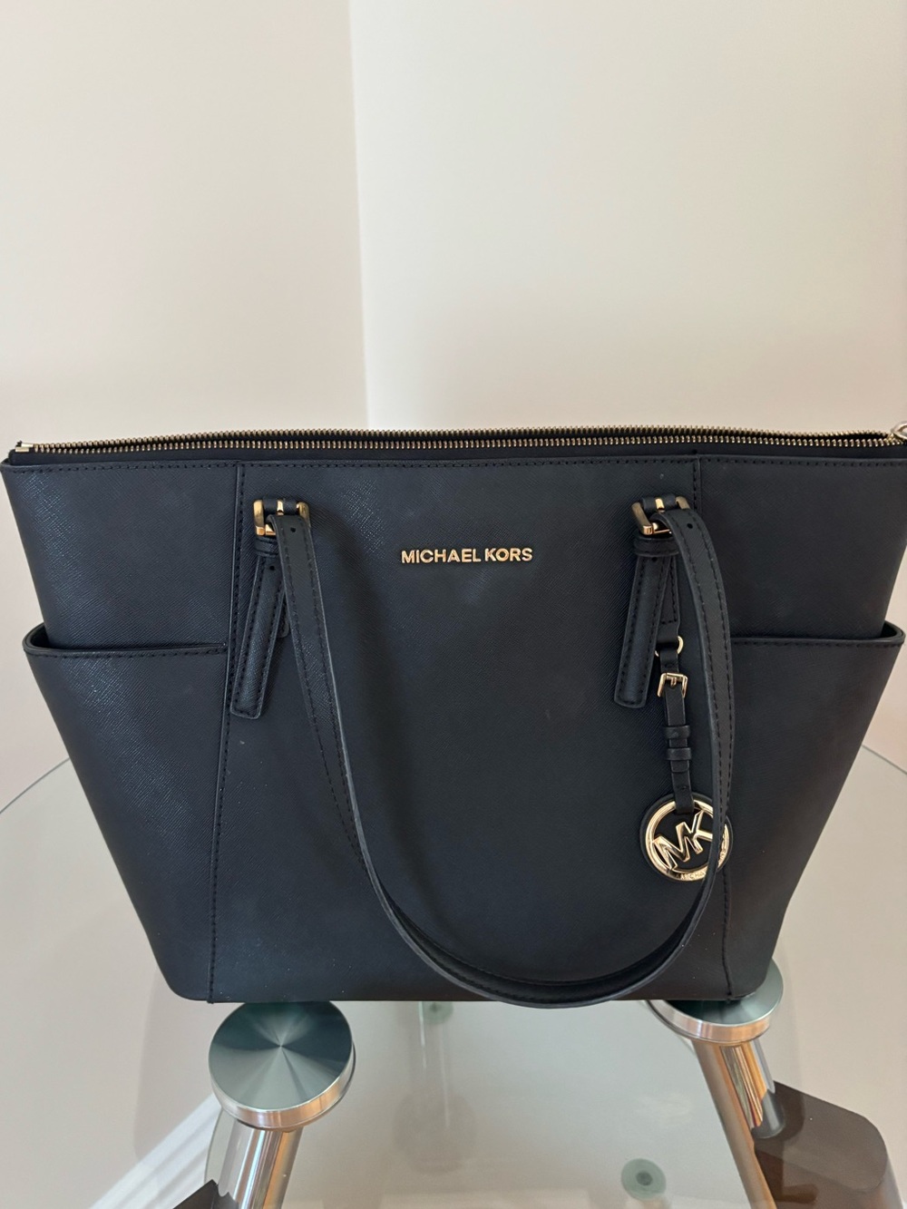 MICHAEL KORS Navy Saffiano Leather Tote with Gold Hardware